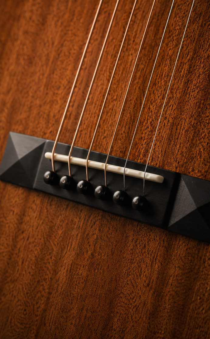 Slotted ebony bridge of Manifestation I, the 000-style 12-fret acoustic guitar built by Devon Stone of Stone Guitars.