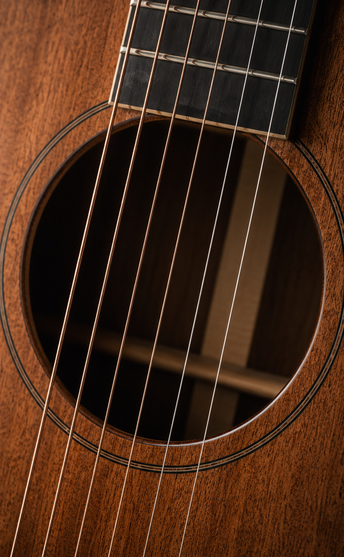 Soundhole and minimal rosette of Manifestation I, a Stone Guitars hand-built mahogany acoustic by luthier Devon Stone.